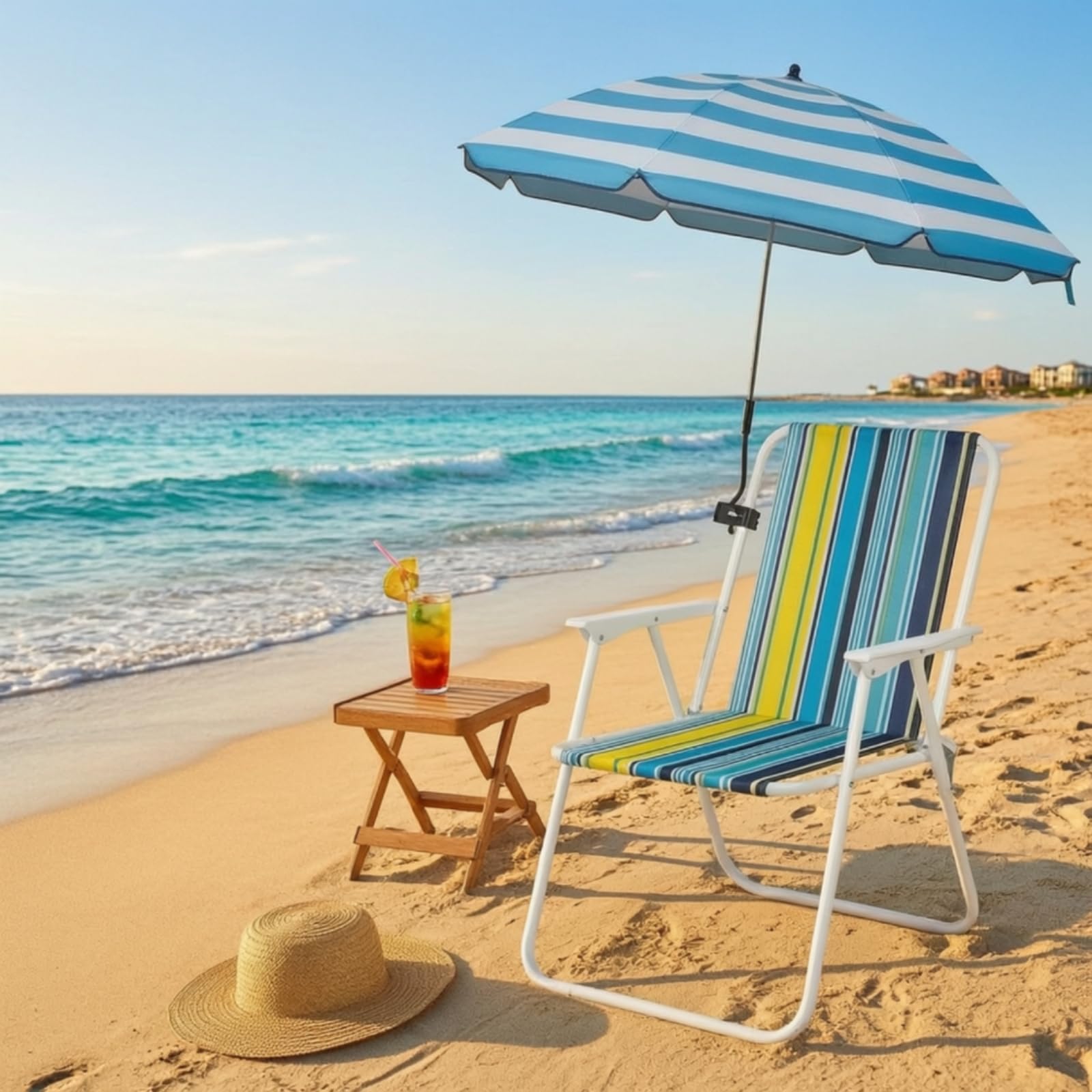 LOVIVER Chaise Pliante Extérieure Chaise de Plage Fauteuil de Camping Siège Portable avec Parasol Intégré en Acier Carbone et Tissu Résistant Adaptée à Plage Pêche Camping Pique-Nique Jardin