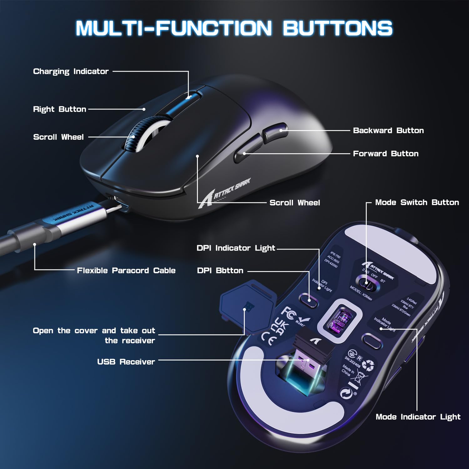 ATTACK SHARK X3MAX Superlight de 49g Ratón, Sensor PixArt PAW3950, hasta 420000 dpi, Ratón para Juegos BT/2.4G Wireless/Wired con Cable en Espiral, 100M Clicks Optical Microswitches, para PC/Xbox/Mac