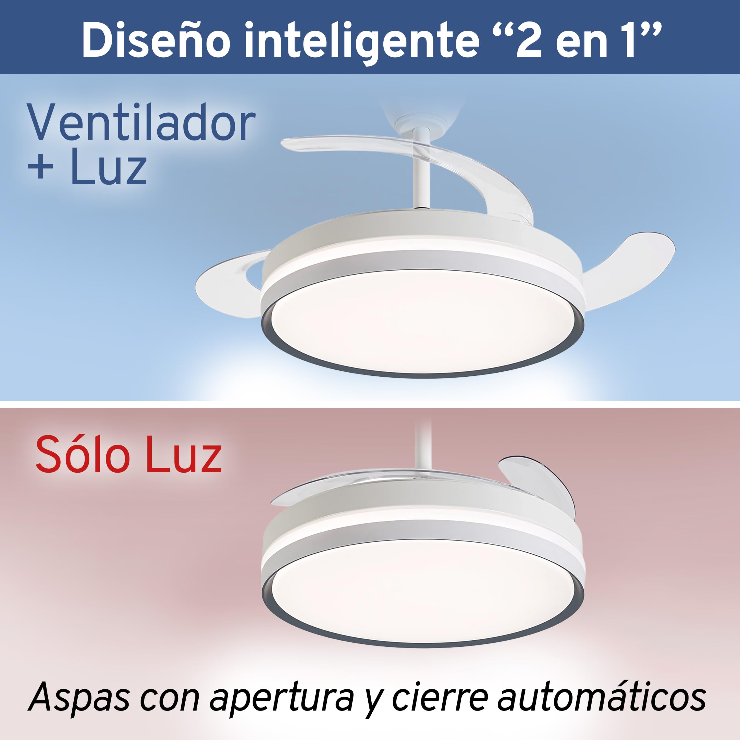 Ventilador techo, aspas retráctiles, luz regulable: BRISANOVA RETRÁCTIL. 6 Velocidades 3 tonos luz.Temporizador. Silencioso. 30W. Modo Verano/Invierno. Ø 48.5cm aspas cerradas. Ø 106cm aspas abiertas