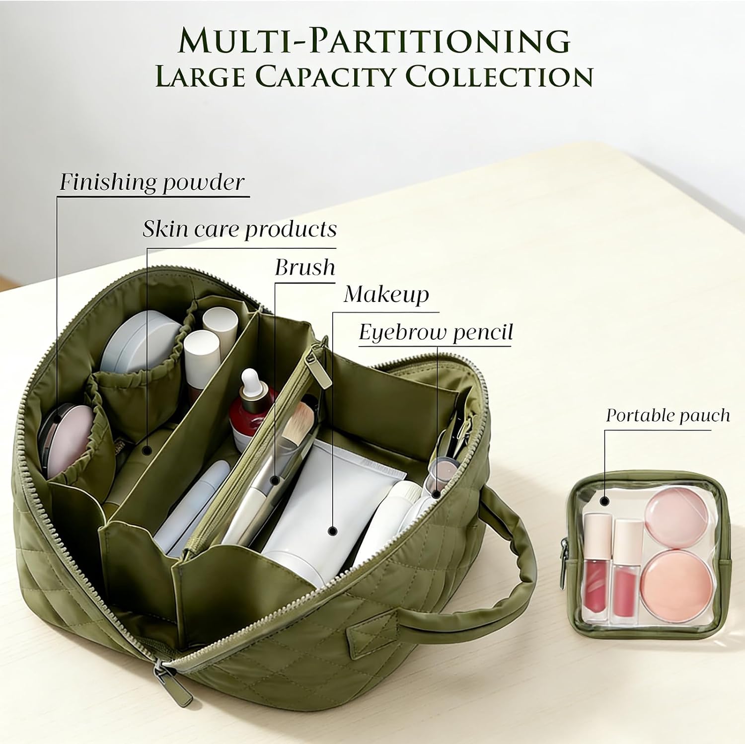 MINGRI Petition Makeup Bag for Travel,Women Cosmetic Bag Quilted Puffer Large Capacity 2Pcs Toiletry Bag Spacious 180°Open Valentine's Day Gift for Toiletries & Brushes with Compartments(Olive Green)