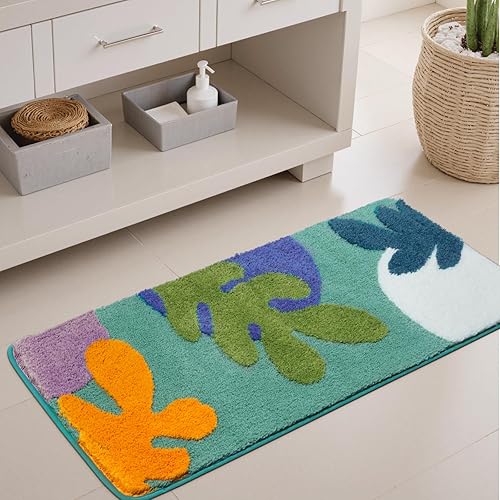 Miniatura 65 de Uphome Alfombra de baño larga con hojas abstractas coloridas, antideslizante, absorbente de agua, bohemio, de microfibra suave, lavable a máquina