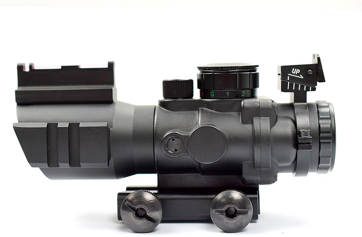 THEA Prism 4x32 Red Green Blue Triple Illuminated Rapid Range Reticle Rifle Scope W  Top Fiber Optic Sight and Weaver Slots (12 Month Warranty) Image