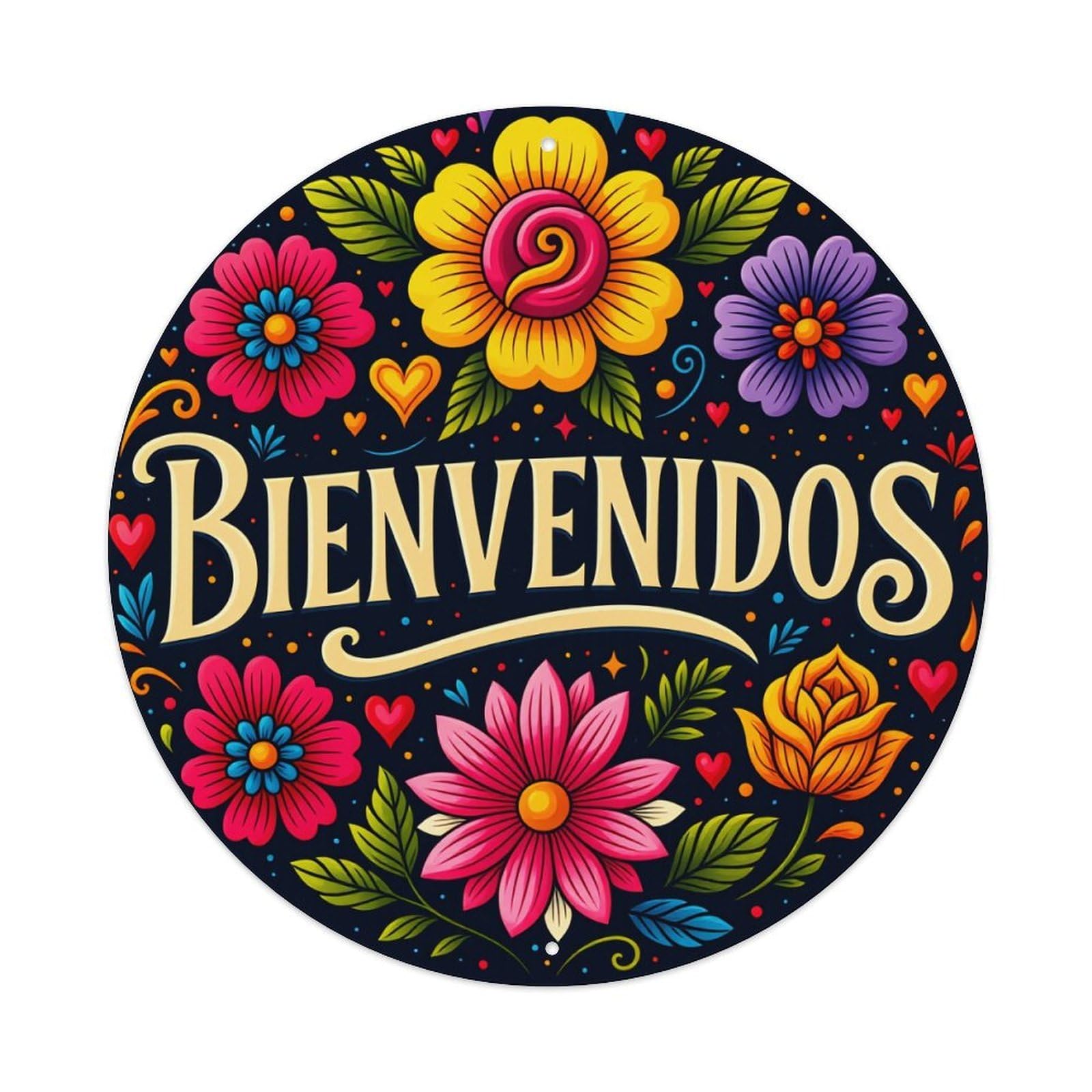 Floral Mexican Welcome Pattern Art Round Tin Sign Vintage Style Metal Sign Home Bar Garden Wall Plaque Decor Metal Poster 8x8 Inch