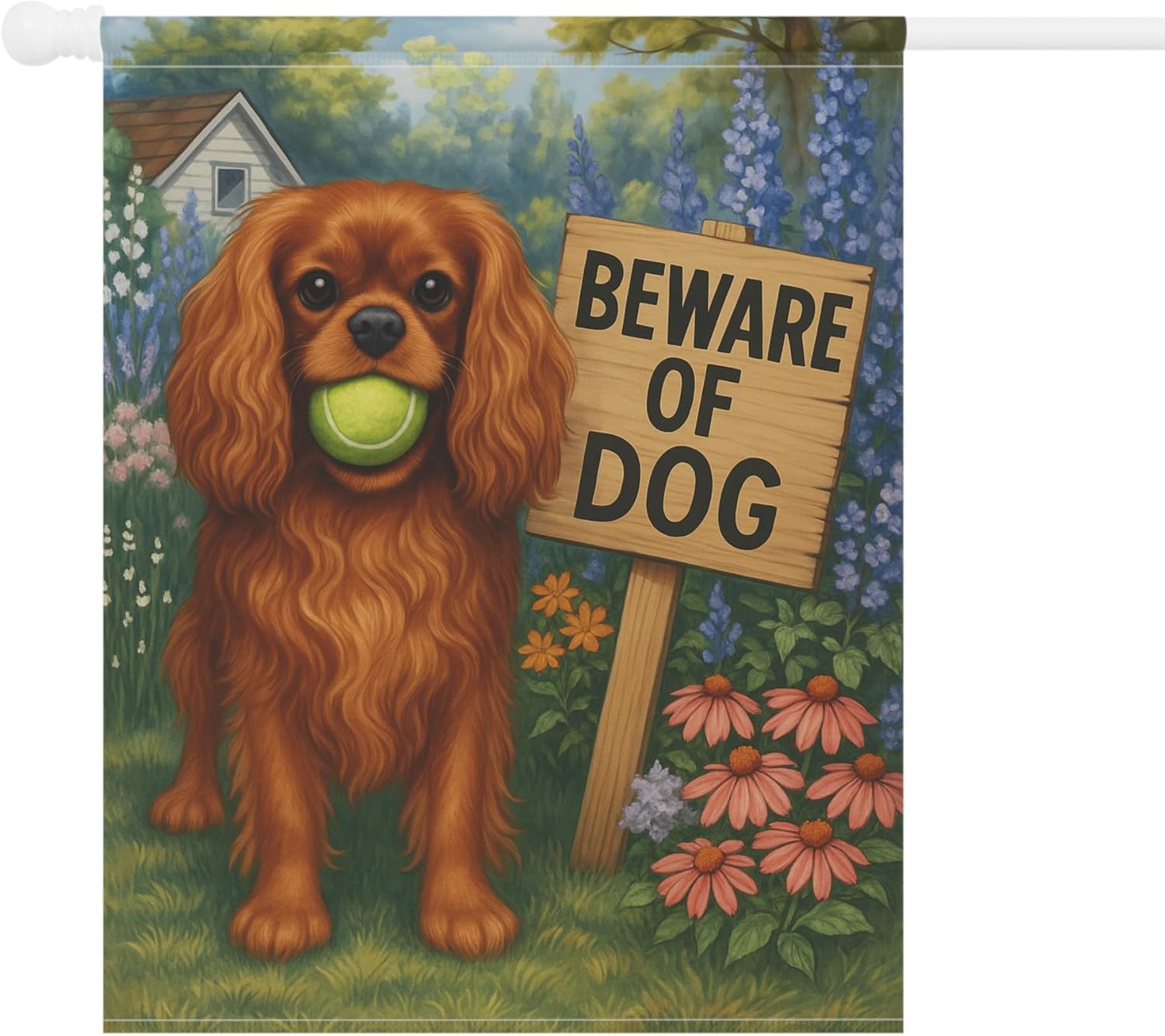 PUDDINFLAGS Funny Ruby Cavalier King Charles Spaniel Garden Flag, Beware Dog Front Yard Outdoor Spring Housewarming Welcome