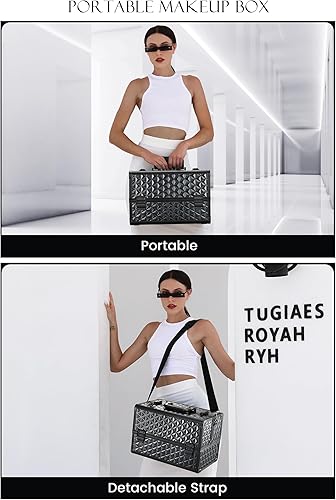 Miniatura 3 de Joligrace Estuche Organizador Profesional para Maquillaje de Aluminio con Caja de Almacenamiento, 4 Divisores Ajustables Deslizantes, Cerrable,