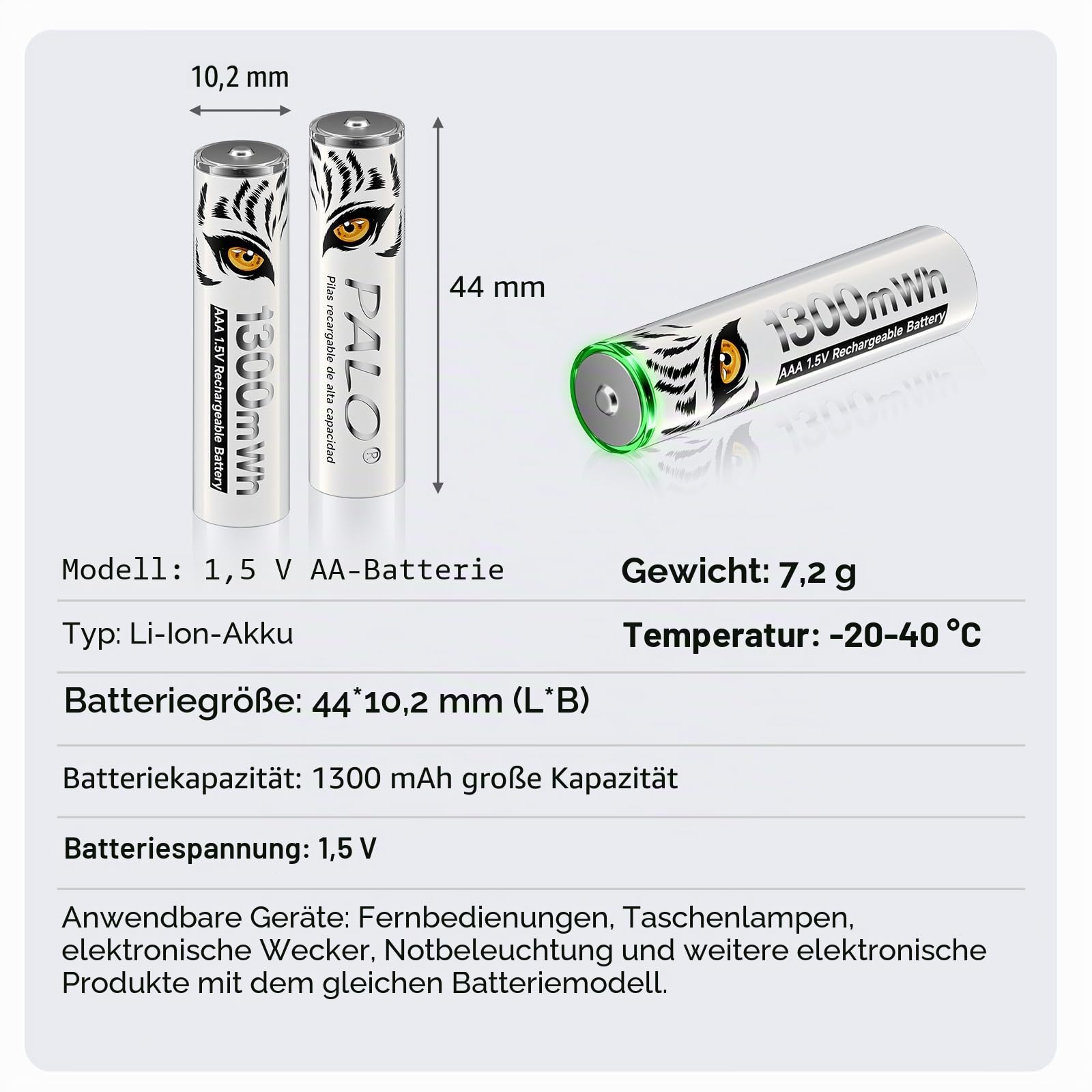 Lithium AAA Akku 1.5V 1300mWh, Tiger-Drucken & mit Ladelicht, 1500 Zyklus Geringe Selbstentladung AAA Batterien Wiederaufladbare, 16 Stück Akkus mit Batteriekasten