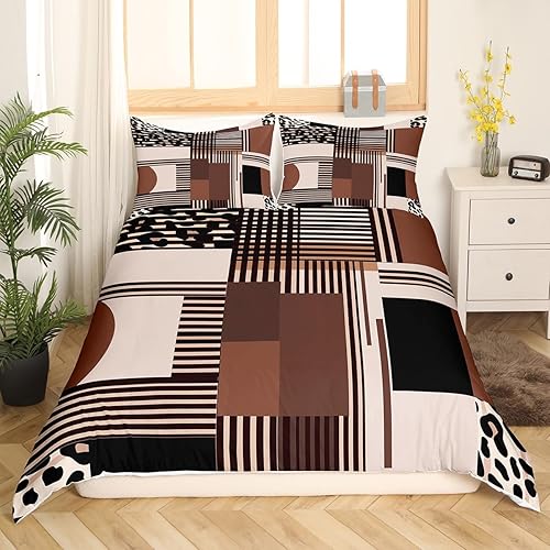 Miniatura 3 de Manfei Juego de funda de edredón geométrica tamaño matrimonial, juego de ropa de cama de 3 piezas con estampado de leopardo a rayas marrones para