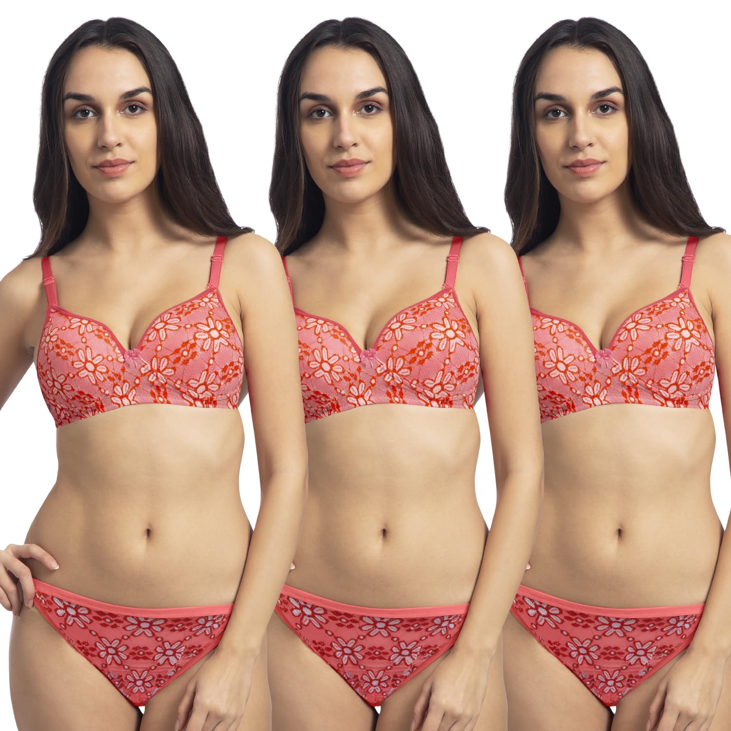 Bridal Heavily Padded Push-Up Bra and Panty Set - Cotton Rich - Balconette - Seamless, Wireless, 3/4th Coverage - Embroidered Multicolor Lace on Cups with Halter Straps (Pack of 3)-image-47