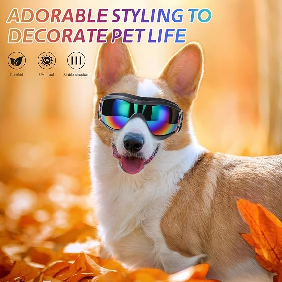 Dog Sunglasses, UV/Wind/Dust/Fog Protection, PC Lens, Nylon Strap, Black, Large