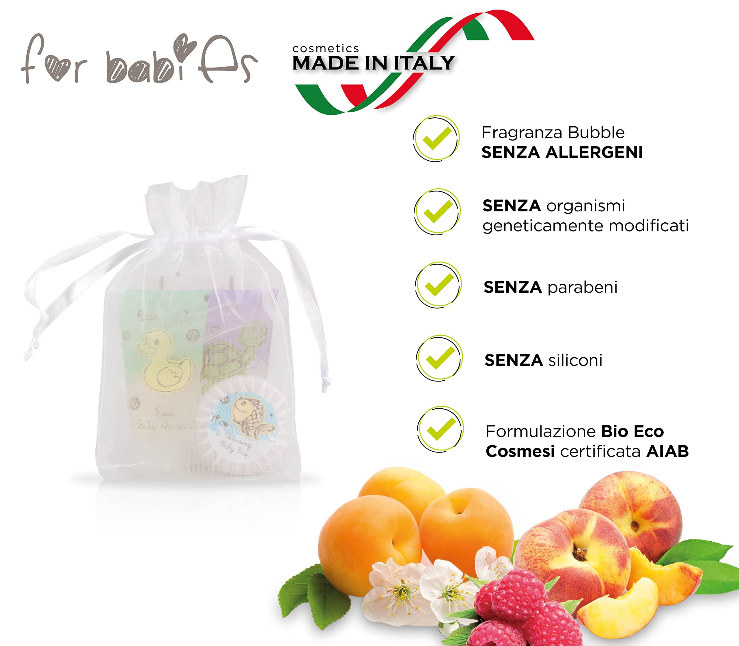PRESENT-MORE - Set Cortesia 15 Ospiti For Babies | Fragranza Bubble - Shampoo, Gel Doccia, Crema Corpo e Sapone - Made in Italy - Per Hotel e B&B