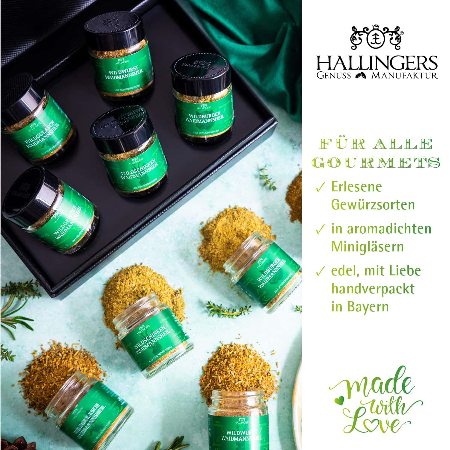 Hallingers Genuss Manufaktur Gewürz Jäger-Geschenk-Set - 5 Gewürze aus aller Welt in wertiger Geschenkbox mit Rezept-Booklet "Waidmannsheil", Jagd-Geschenkidee für Jäger
