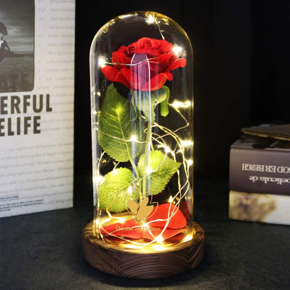 Dream of Flowers Beauty and The Beast Rose, Valentines Day Gifts for her, Birthday Gift for Women, Light Up Rose in Glass Dome, Eternal Rose Flower Gifts for Mom, Roses Gifts Girlfriends for Wife - Image 4