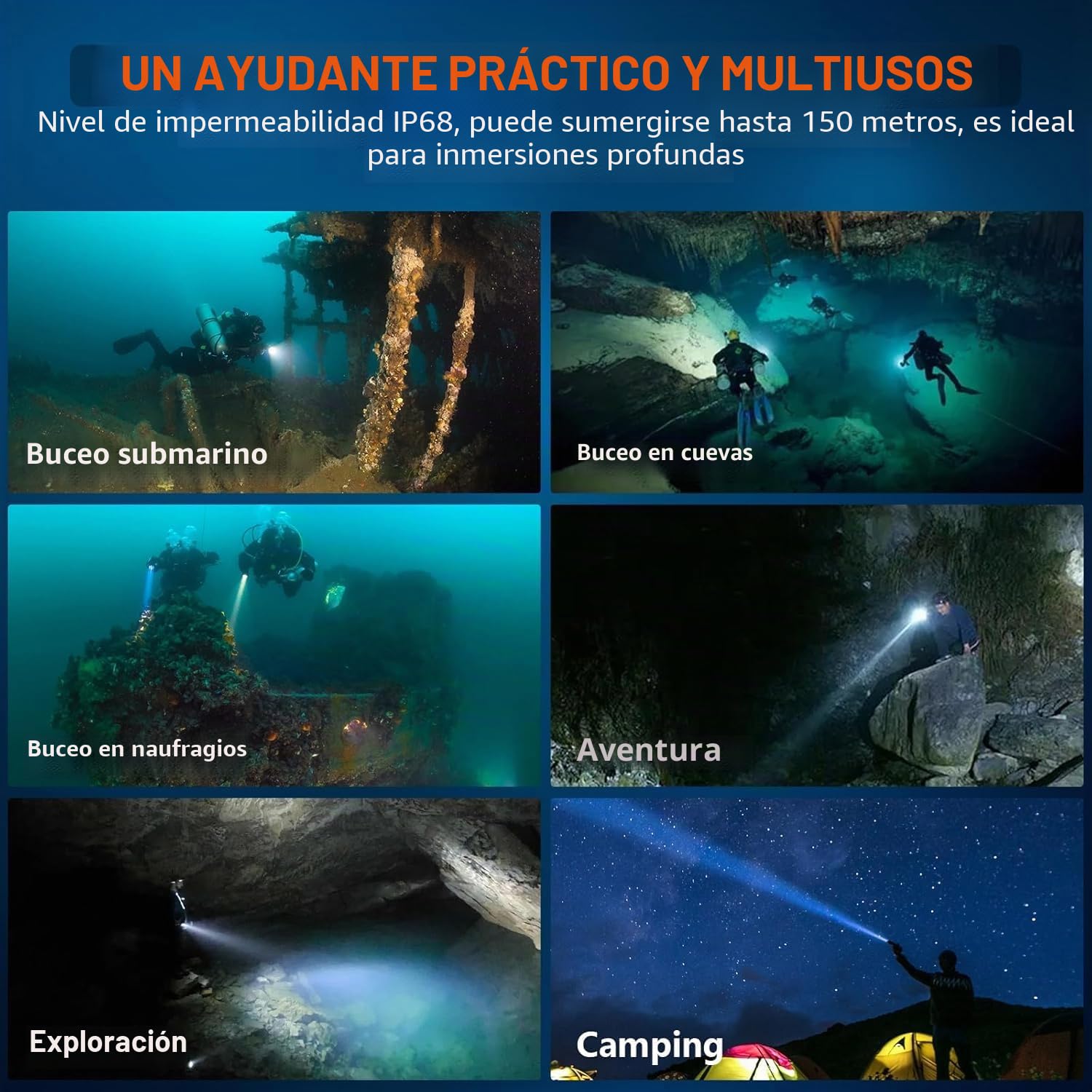 ORCATORCH ZD710MK2 4°-72° Zoom Linterna Buceo,1500 Lúmenes Linterna Submarina LED con 4 Modos 2 en 1 Luz Focalizada y Amplia,IP68 Impermeable Linterna de Buceo hasta 150M para Buceo Técnico y Nocturno