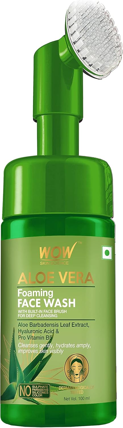 WOW Skin Science Aloe Vera Exfoliating Face Wash w/ Soft Brush, Foaming Facial Cleanser For All Skin Types, Acne Face Wash for Women, Facial Skin Care Products, Men’s Face Wash Facial Scrub (100ml)