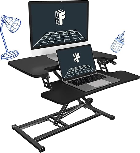 Miniatura 1 de FLEXISPOT Convertidor de escritorio de pie ajustable de altura negra de 28 pulgadas, elevador de escritorio sentado a pie con bandeja ancha para