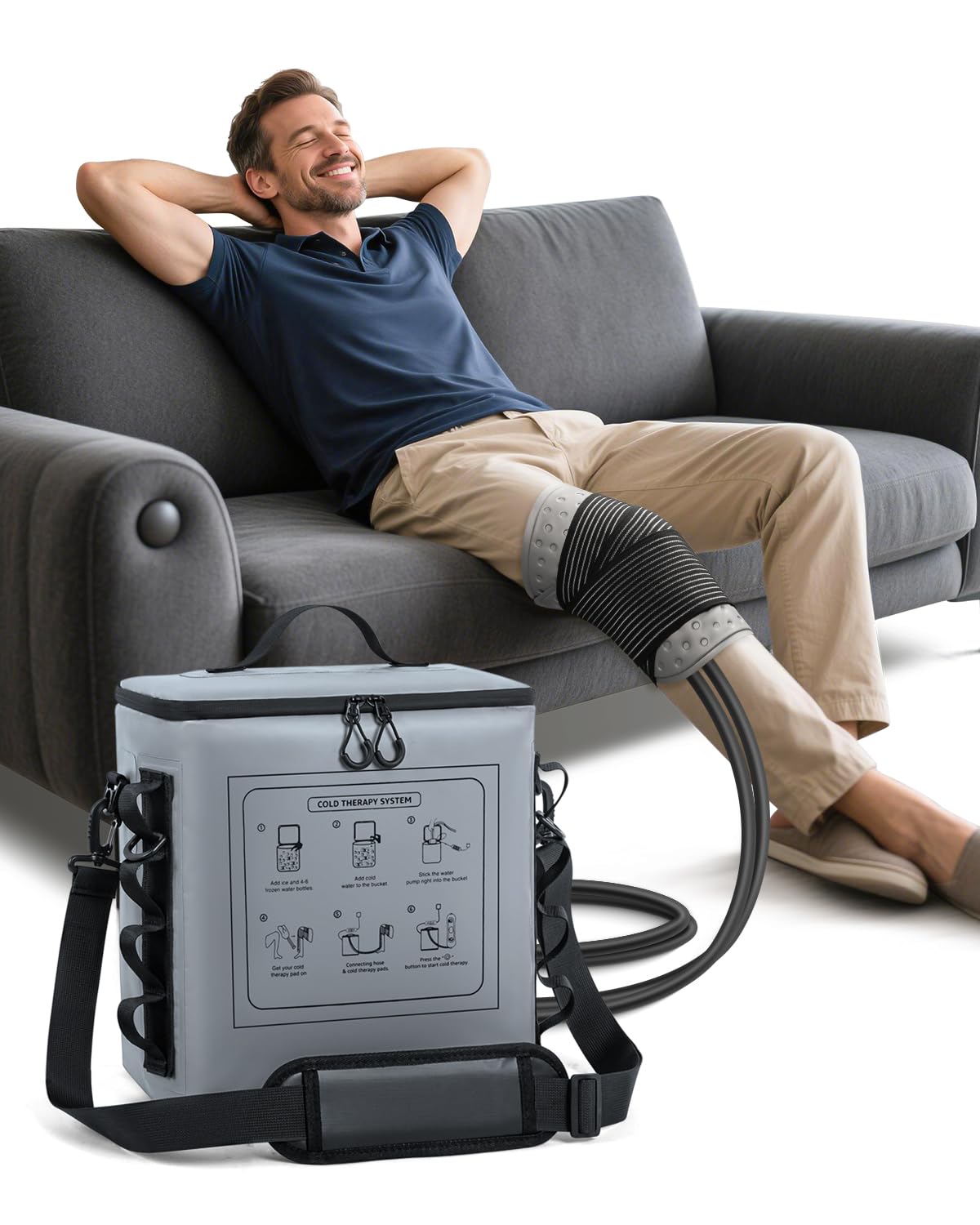 Máquina de terapia de frío con temporizador, máquina de hielo portátil para rodilla después de la cirugía, sistema de recuperación de reemplazo de rodilla con almohadilla de compresión para