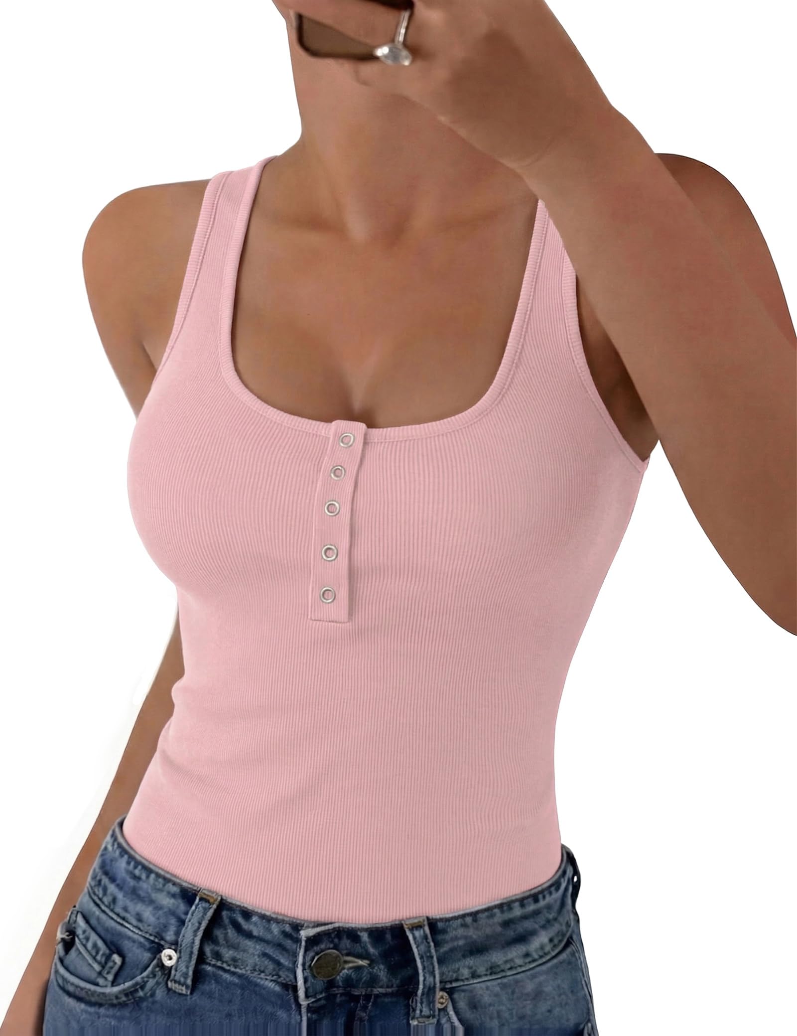Aottori Tank Top Damen Gerippt Ärmellos Oberteil Slim Fit mit Knopf | U-Ausschnitt, Basic, Stretch, Sommer, Casual, Elegant, Einfarbig, Alltag, Hause, Büro