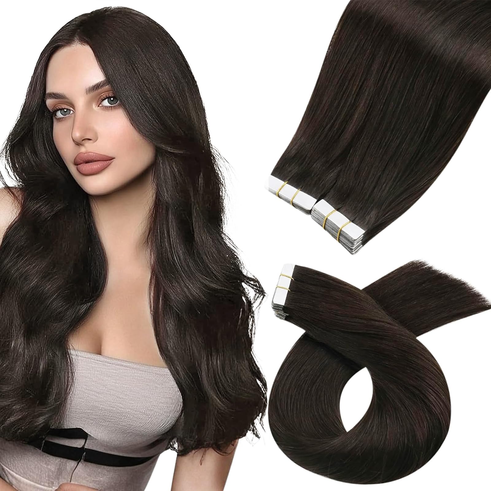 Moresoo Tape Hair Extensions Real Human Hair 18 Inch Jet Black Human Hair Extensions Tape in Black Remy Hair Straight Silky Soft for Women Natural Looking 20pcs/50g #1 — view 26