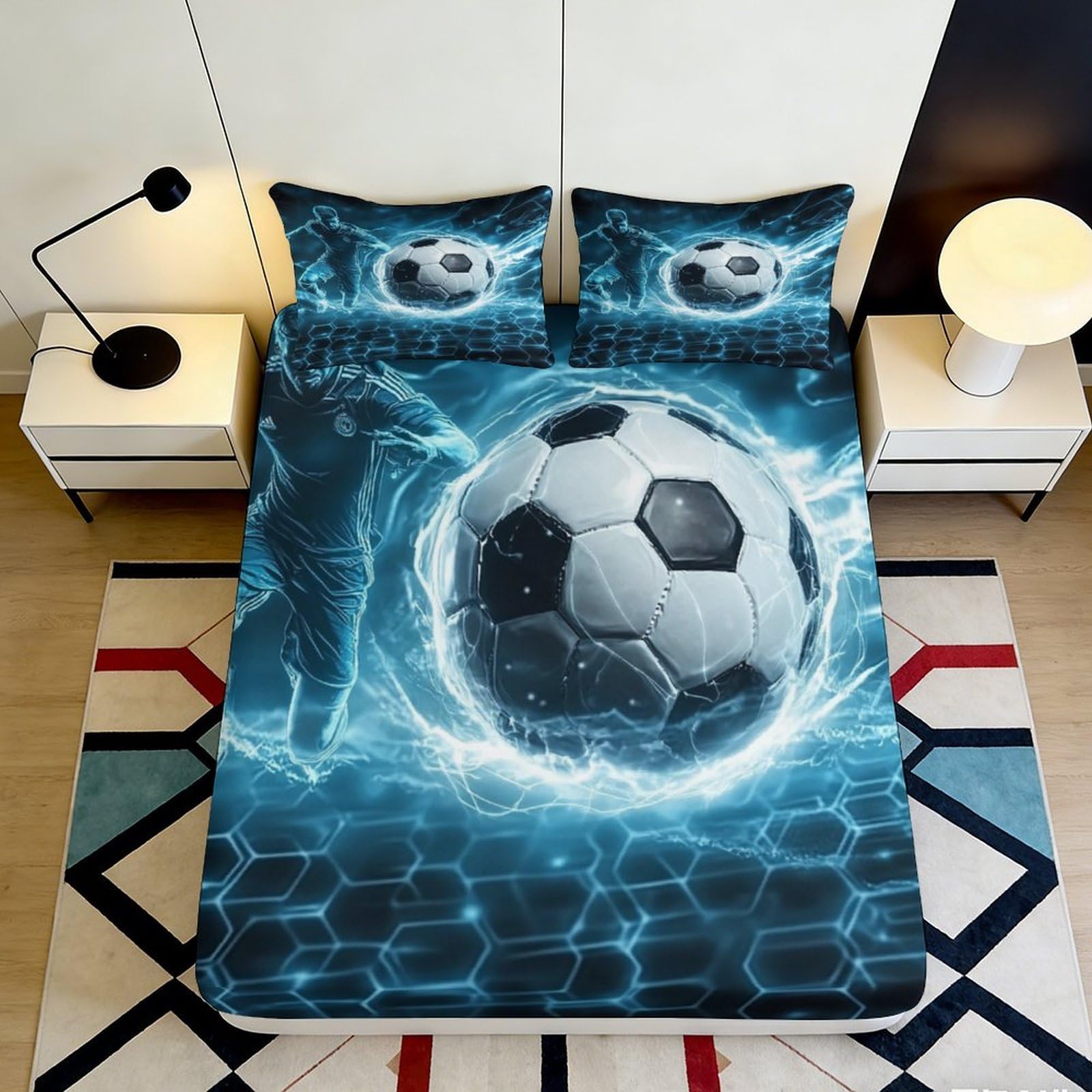 Dhbaneiok Style-2 3D Printed Electric Soccer Fitted Sheet Microfiber Soft Blue Lightning Football Bed Cover For Bedroom Guest Room Decor 90X200x25cm