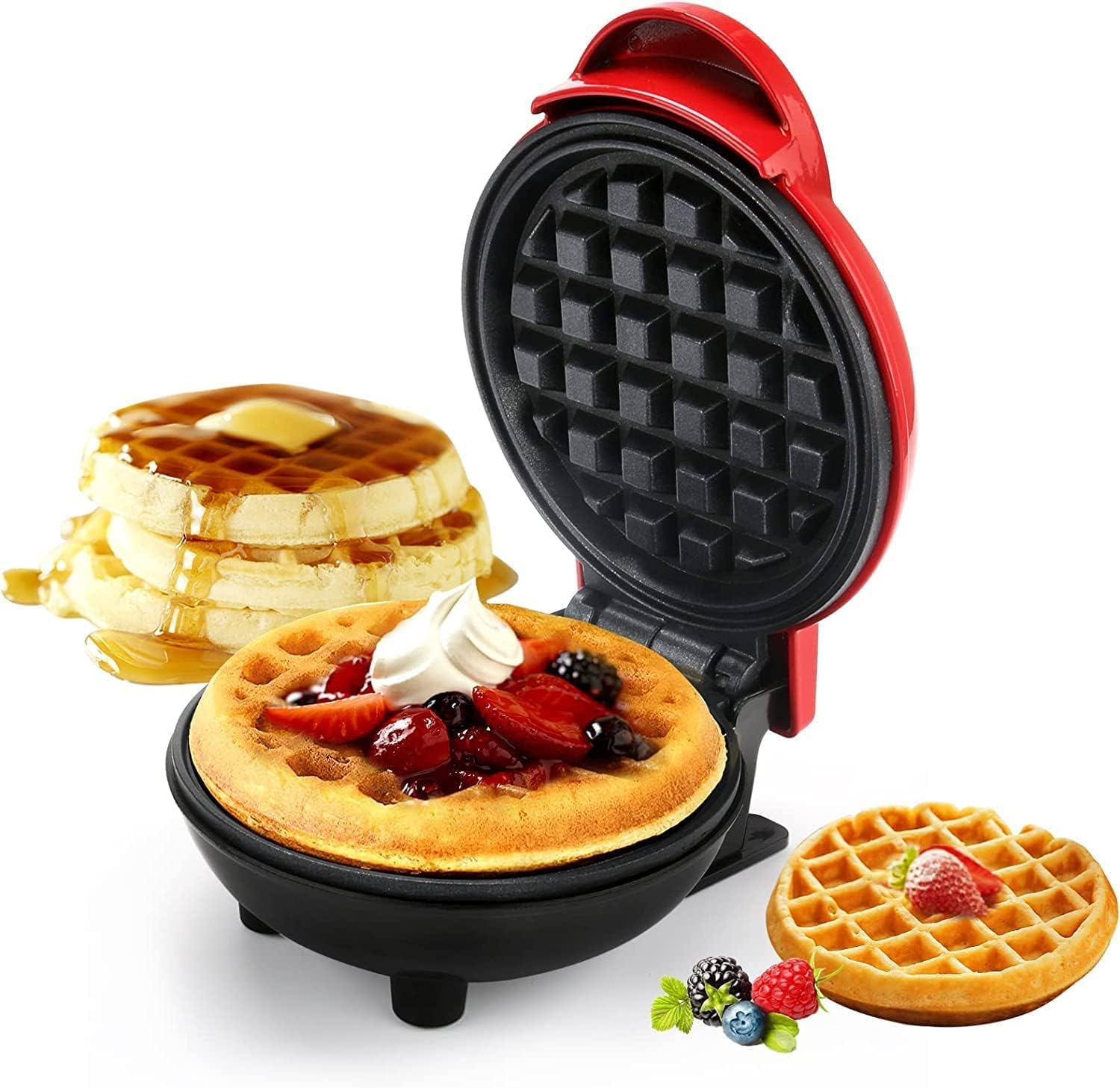 Holstein Housewares Personal Non-Stick Waffle Maker, Red - 4-Inch Waffles In Minutes, 350 Watt