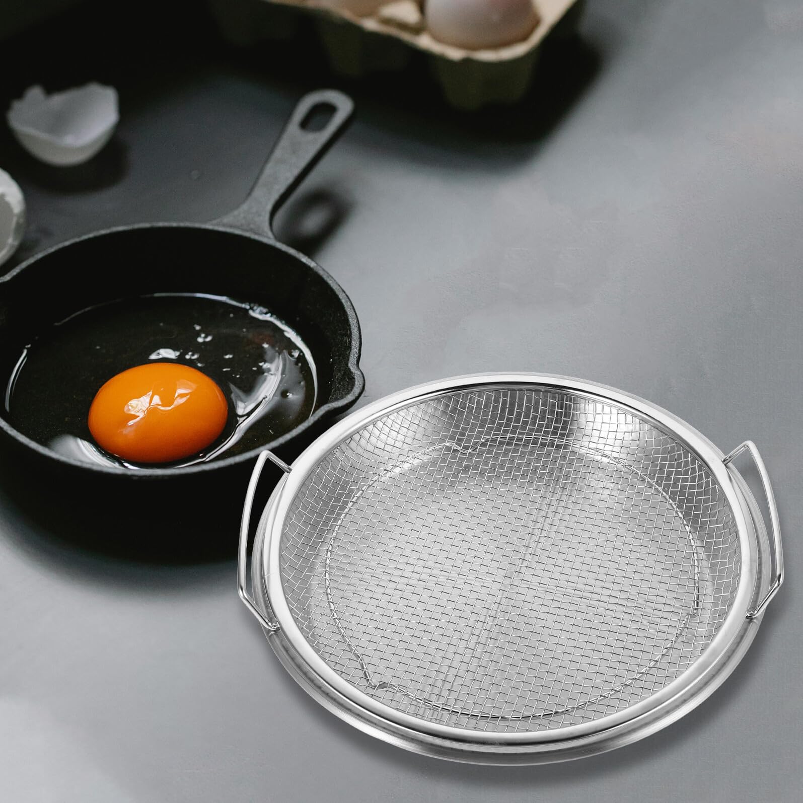 VANZACK Edelstahl Küchensieb mit Großem Fassungsvermögen und Abtropfschale Frittiersieb Satz zum Effizienten Abtropfen von Öl Beim Batch Cooking und Zubereiten Großer Mahlzeiten