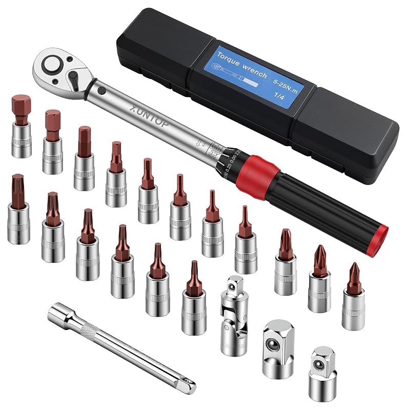 Chave de Torque XUNTOP 1/4 pol. com Catraca de 72 Dentes, Faixa de 5–25 N·m e Bits Hexagonais, Phillips e Torx, Kit com 22 Peças