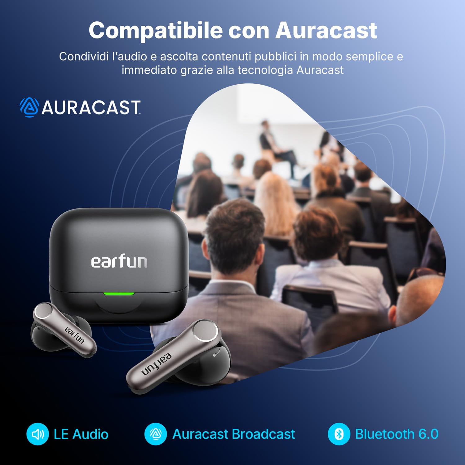 EarFun Air Pro 4+ Cuffiette Bluetooth, Cancellazione Adattiva del Rumore | 6 Microfoni, Doppio Driver, Hi-Res Audio, LDAC, Qualcomm aptX Lossless, Bluetooth 6.0, 54 Ore, Ricarica Wireless, IP55, Nero