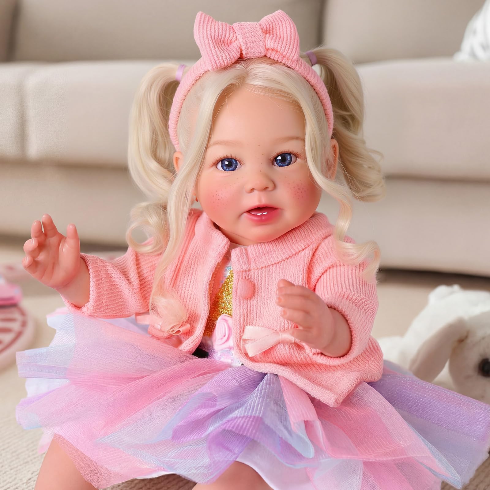 BABESIDE Reborn Baby - 17 Zoll Handgemachte Lebensechte Puppe mit Langen Grauen Haaren - Realistische Babypuppen Mädchen mit Spielzeugzubehör für Kinder Ab 3 Jahren