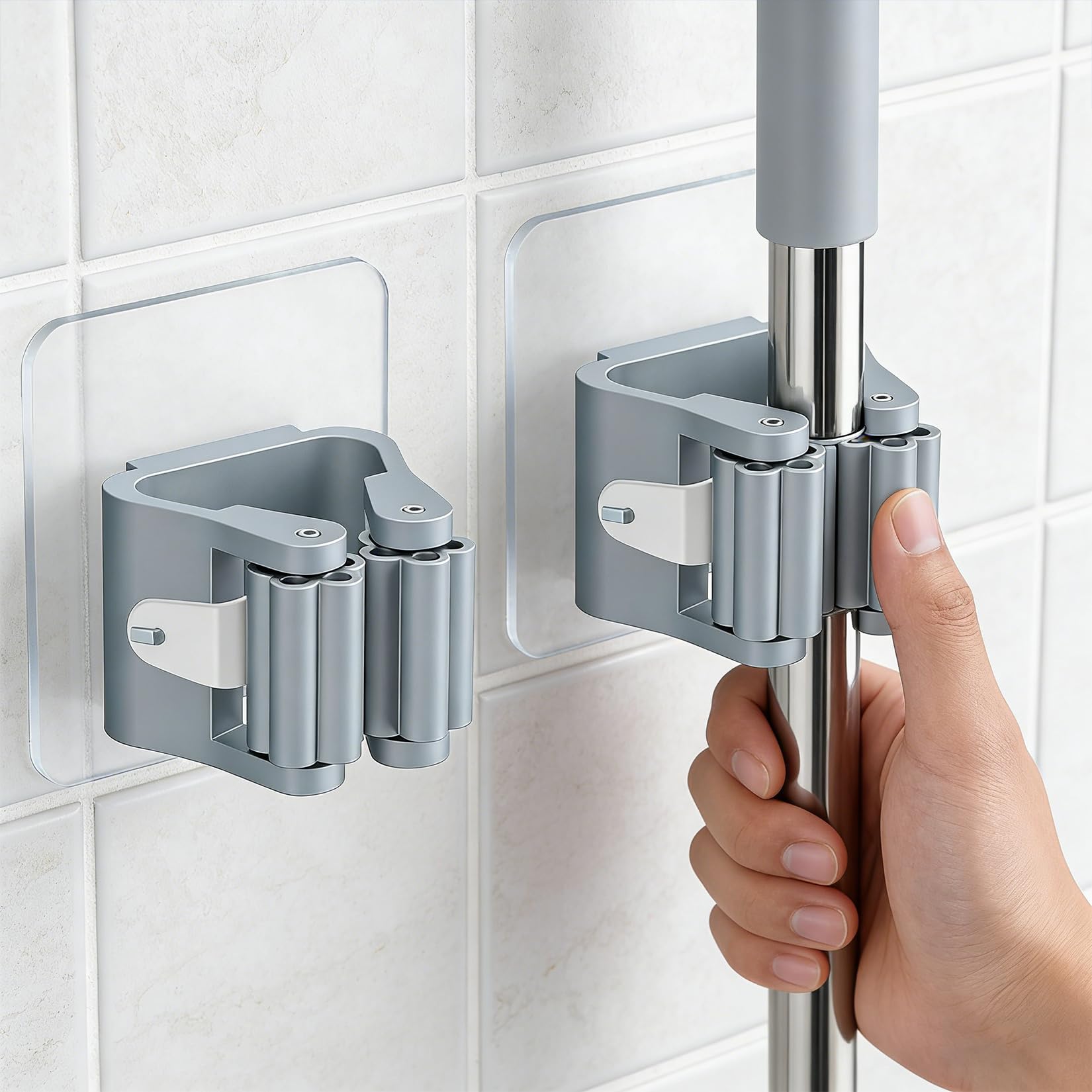Soporte de pared para escoba, paquete de 4 soportes para fregona y escoba, de plástico, para pared, gris, organizador ahorrador de espacio para cocina, lavandería, garaje, jardín, fácil de instalar