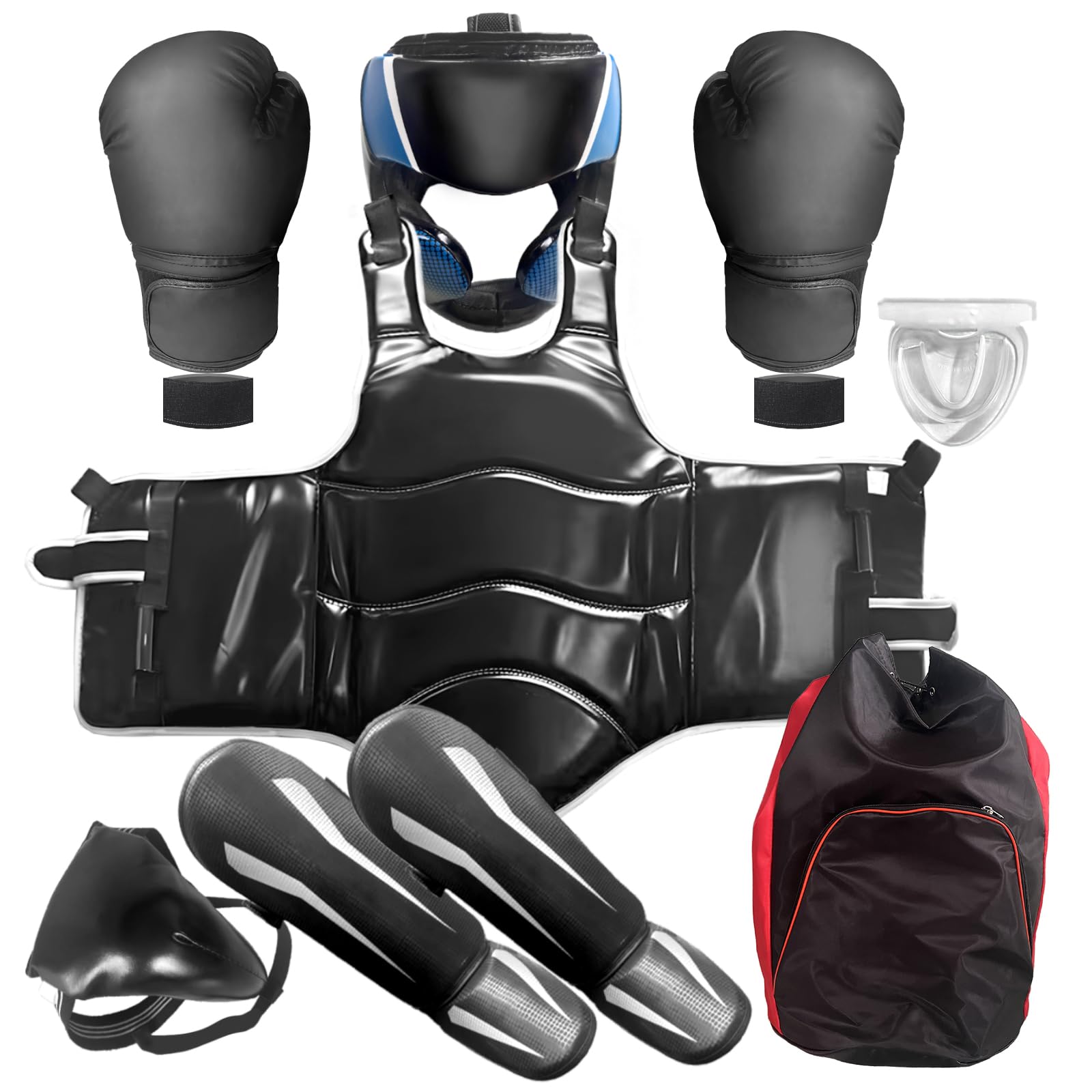 Taekwondo Boxing Gear Set, Karate Sparring Gear Set Height Youth or Adults, Martial Arts Shin Guards/Chest Rib/Headgear/Mouthguards Guards Protective Gear Set