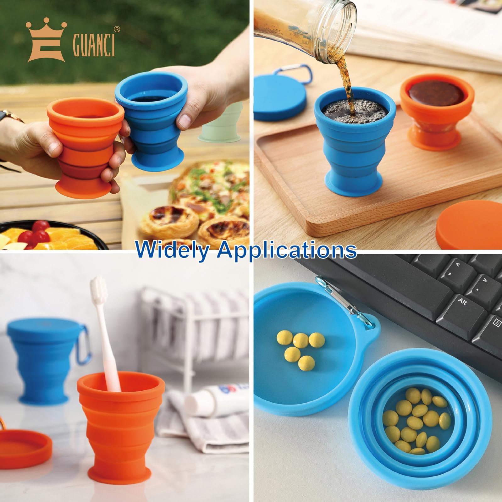 GUANCI - Juego de 4 Tazas de Viaje Plegables de Silicona, con Tapas, Coloridas y expandibles, sin BPA, portátil, Graduado