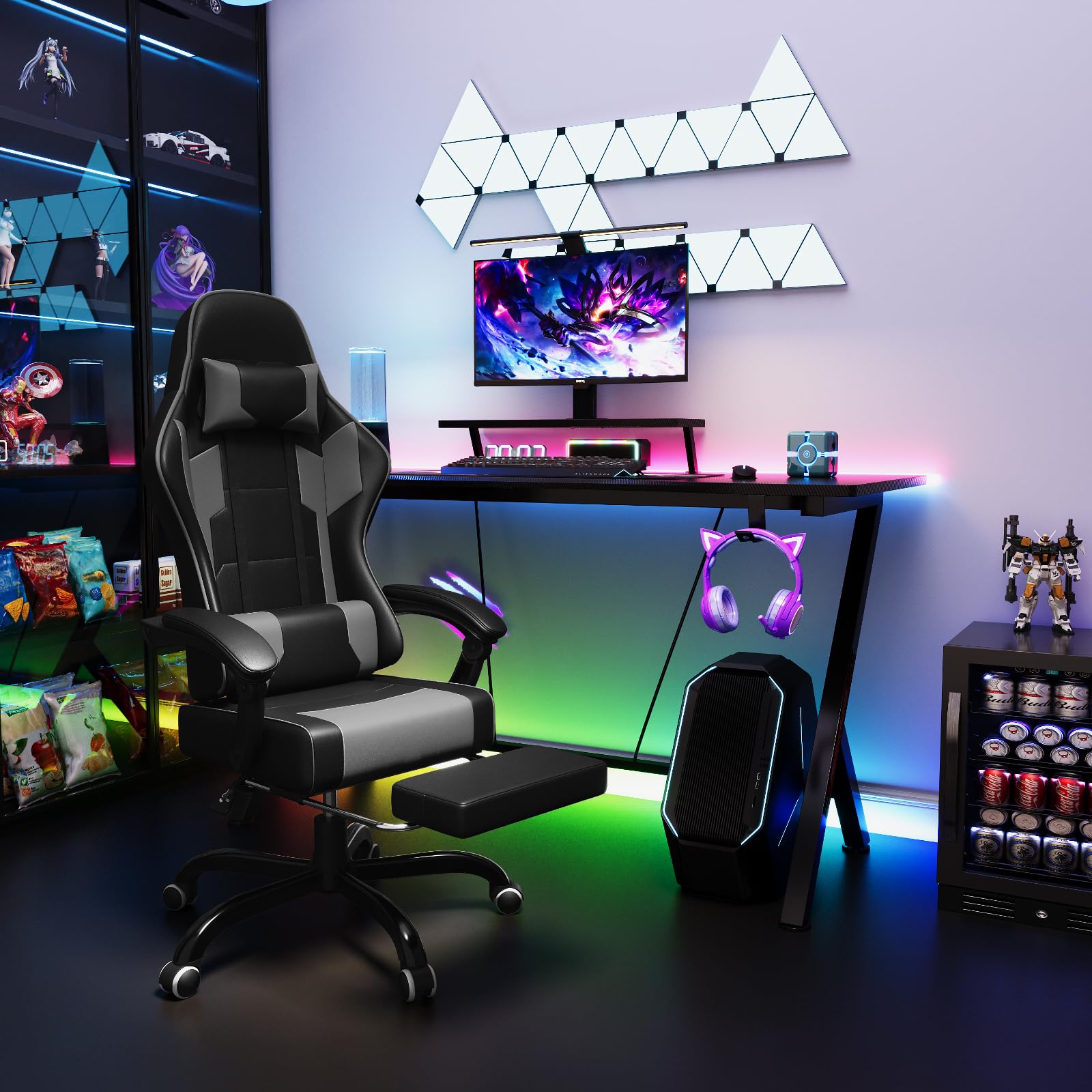 TRIUMPHKEY Sedia da Gaming Massaggiante,Sedia Gamer con Poggiapiedi Telescopico,Regolabile 90-150°,Poltrona da Gaming con Poggiatesta e Cuscino Lombare,Sedie da Ufficio,Portata 150kg(Grigio)