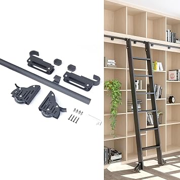 3.3ft-28ft Retractable Hook on Rolling Library Sliding Ladder Hardware Floor Roller Kit No Ladder, Rustic Black Round Tube Mobile Ladder Track/Rail for Home/Indoor/Loft/Library6.6ft/200cm track kit