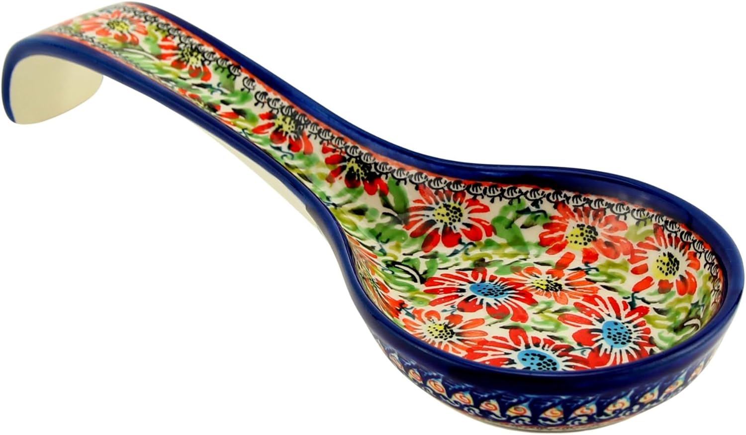 Polish Pottery Market 12” Long Handmade by Zaklady Boleslawiec Poland, Cute Spoon Rest for Stovetop, European kitchen décor, Ladle Holder (Floral Garden Unikat)