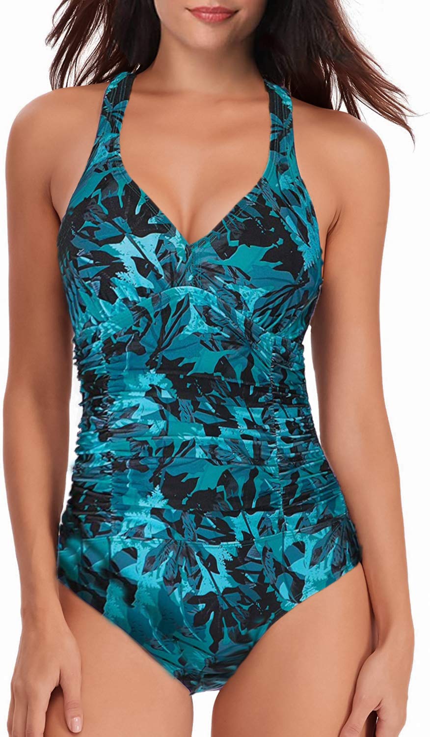 SHELY Womens One Piece Swimsuits V Neck Cross Halter Swimwear Tummy Control Ruched Bathing Suits