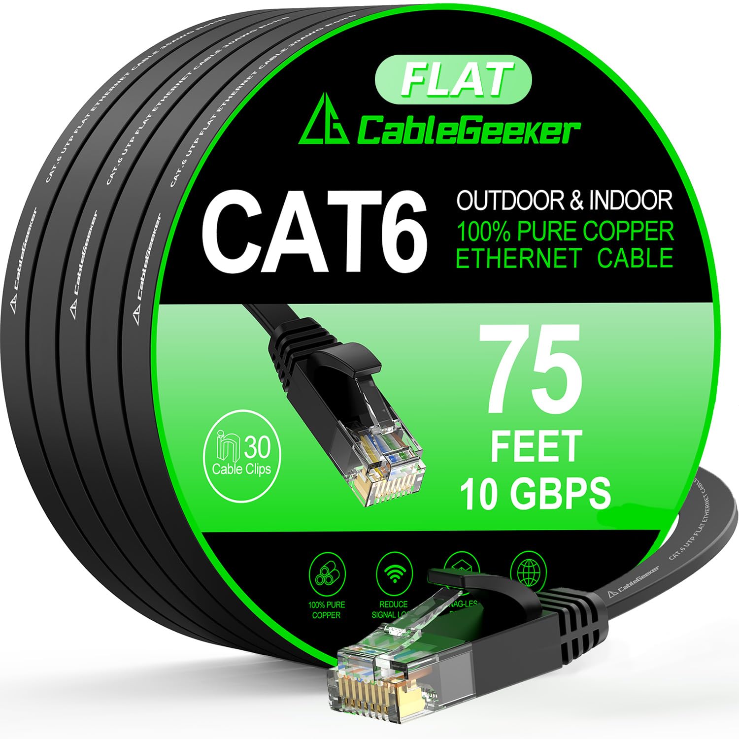 Cat 6 Ethernet Cable 75 ft, Indoor&Outdoor, High Speed 10Gbps Flat Internet Network Cable, Pure Copper Ethernet Patch Cable Long, Computer LAN Cable with Clips & Straps for Router, Modem, PS4/5, Black