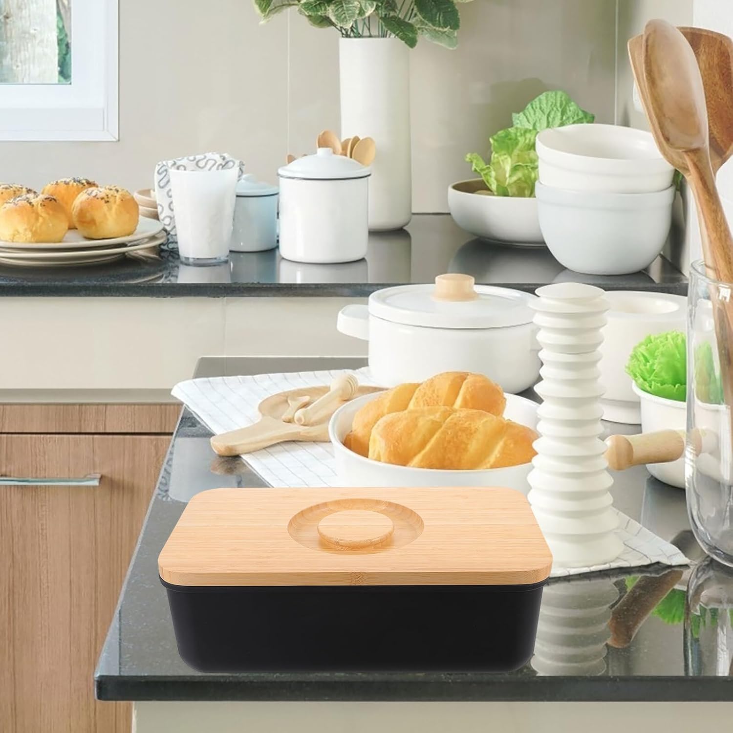 Operitacx Kitchen Bread Container Bread Box with Chopping Board Lid Black Thick Cutting Board Organizer for Kitchen Countertop