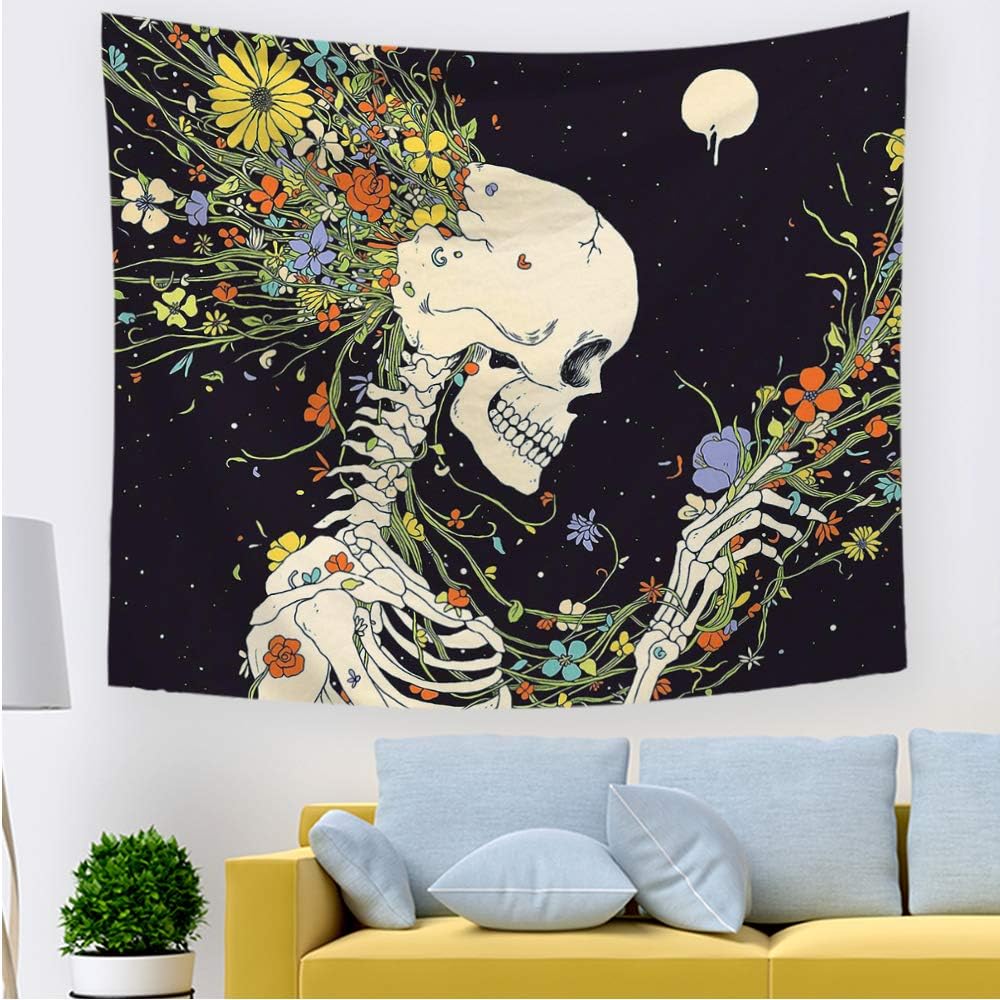 OA OATHENE Skull Floral Flowers Moon Tapestry Colorful Human Skeleton Tapestry for Bedroom Living Room Dining Room
