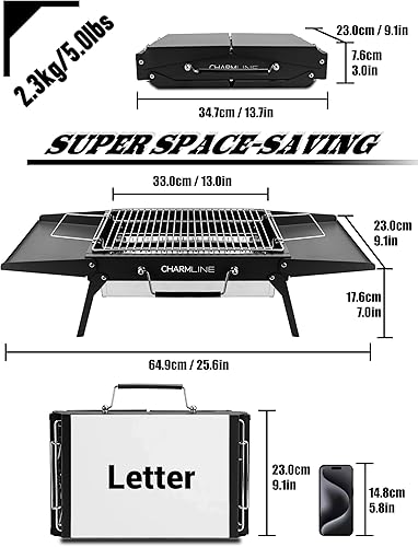 Miniatura 4 de Charmline Parrilla portátil plegable de carbón de 14x9 pulgadas, parrilla portátil compacta para uso al aire libre, parrilla de carbón de Negro