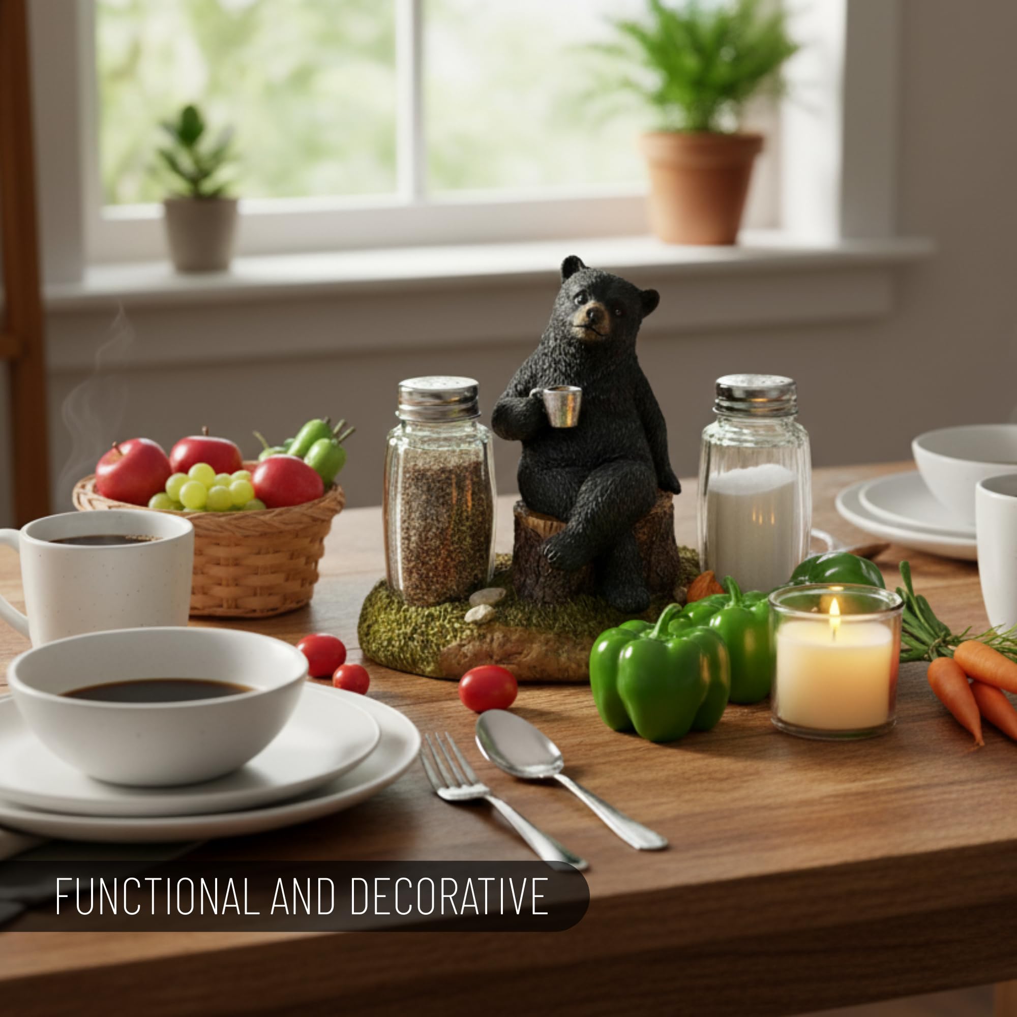 Pine Ridge Juego de salero y pimentero de oso de café, dos cocteleras de cristal, soporte para fogatas, organizador para especias y condimentos, para cocina, cabina, comedor o decoración de mesa
