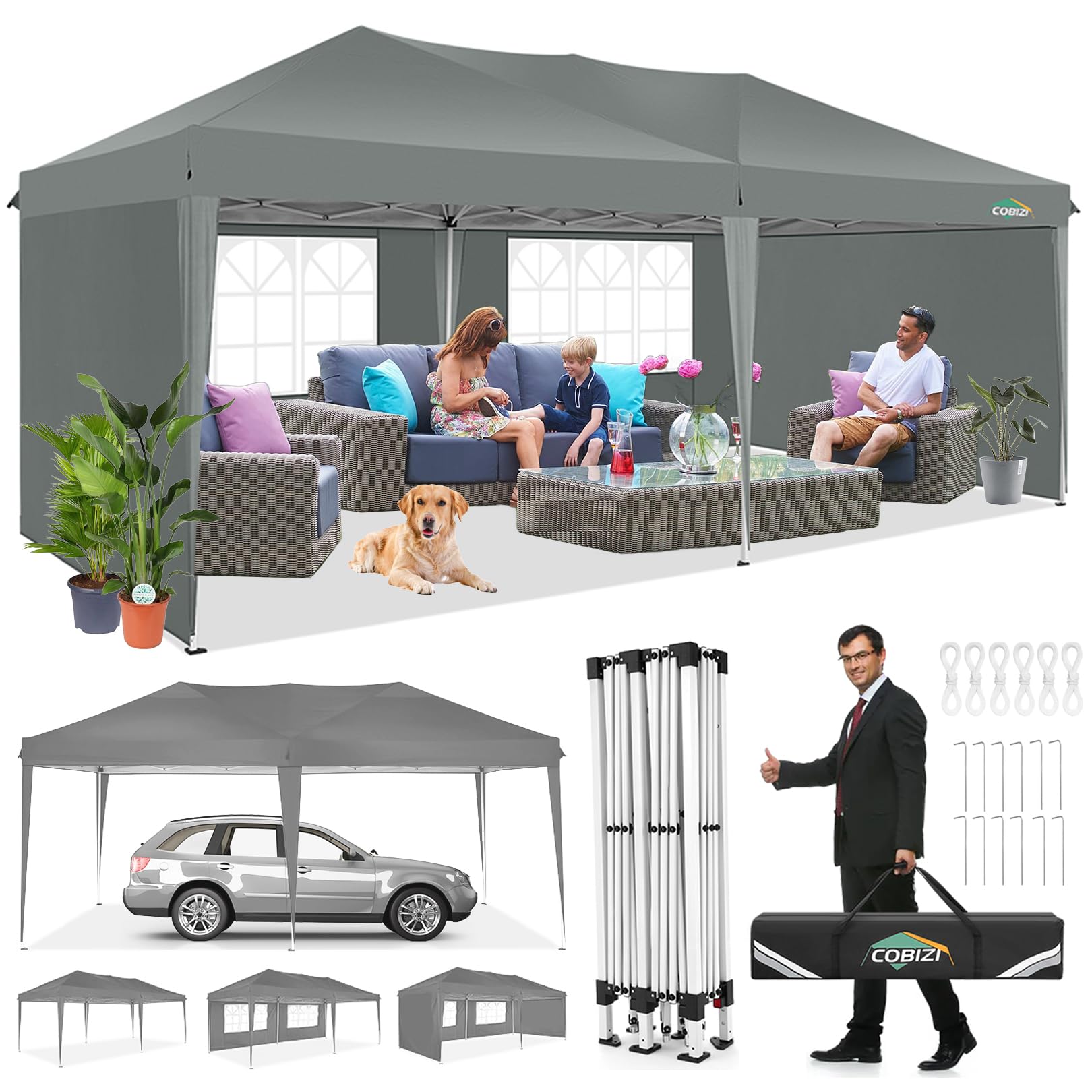 COBIZI3x6m Pop Up Gazebo with Removable Sides, Waterproof & UV Protection, Ez Up Marquee, Instant Event Shelter, All-Season Party Tent with Carry Bag for Outdoor, Backyard, Weddings, Markets, Gray