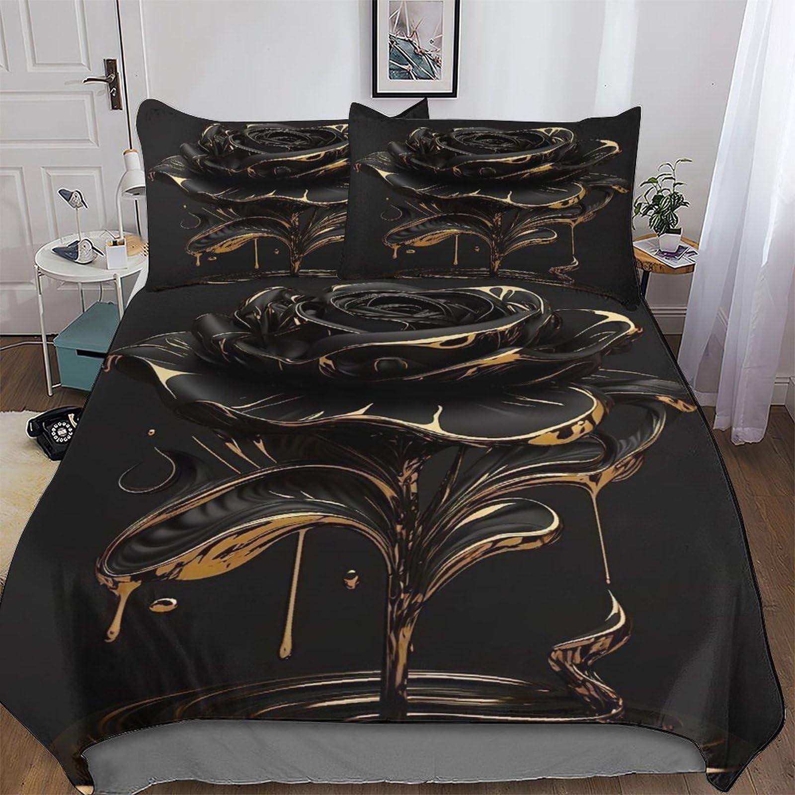 Housse de couette rose 3D en microfibre 220x240 cm avec taies d'oreiller pour lit King