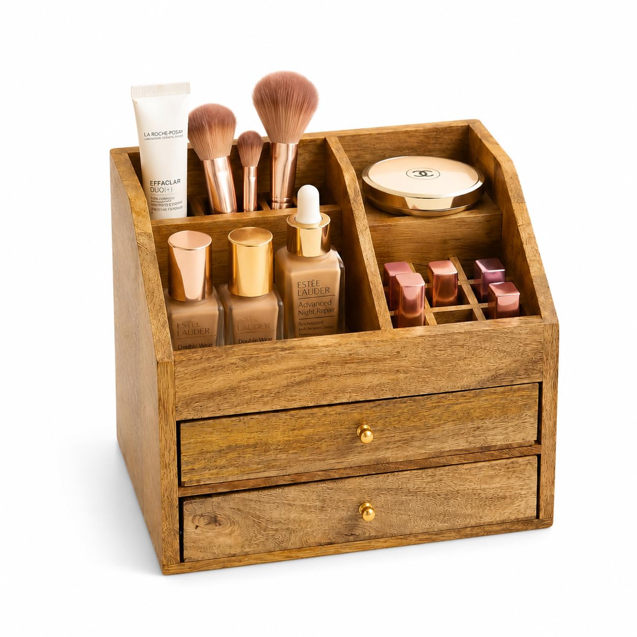 UHUD CRAFTS Wooden Cosmetics & Makeup Drawer Organizer - Natural Wood Finish | Multipurpose Multi-Compartment Drawer Storage Box With Knobs | Handmade Wooden Dressing Table Organizer - 25 x 18cm-image-28