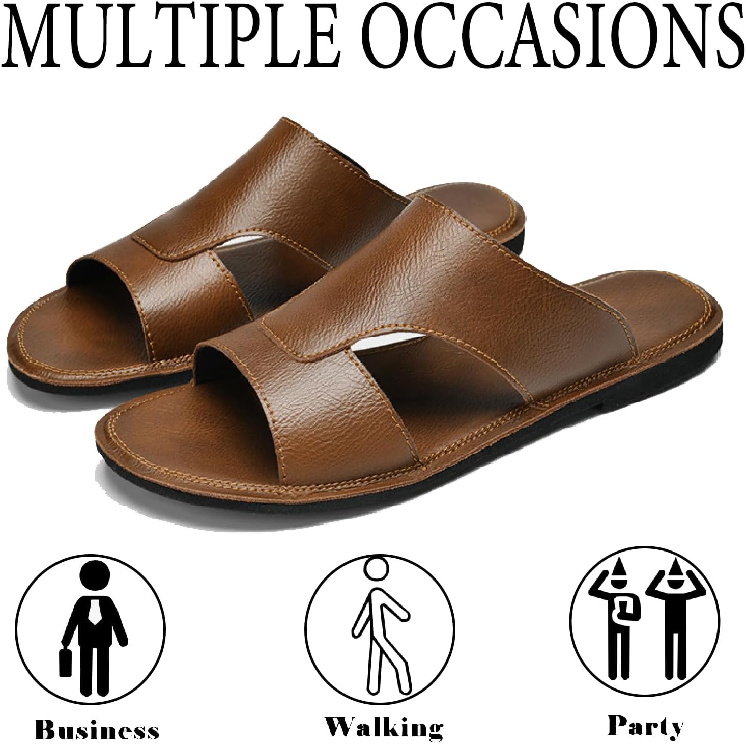 Men's Leather Cutout Slides Sandals Comfortable Lightweight Open Toe Anti-Slip Soft Bottom Slip On Slippers Summer Outdoor Casual Beach Sandals - Image 6