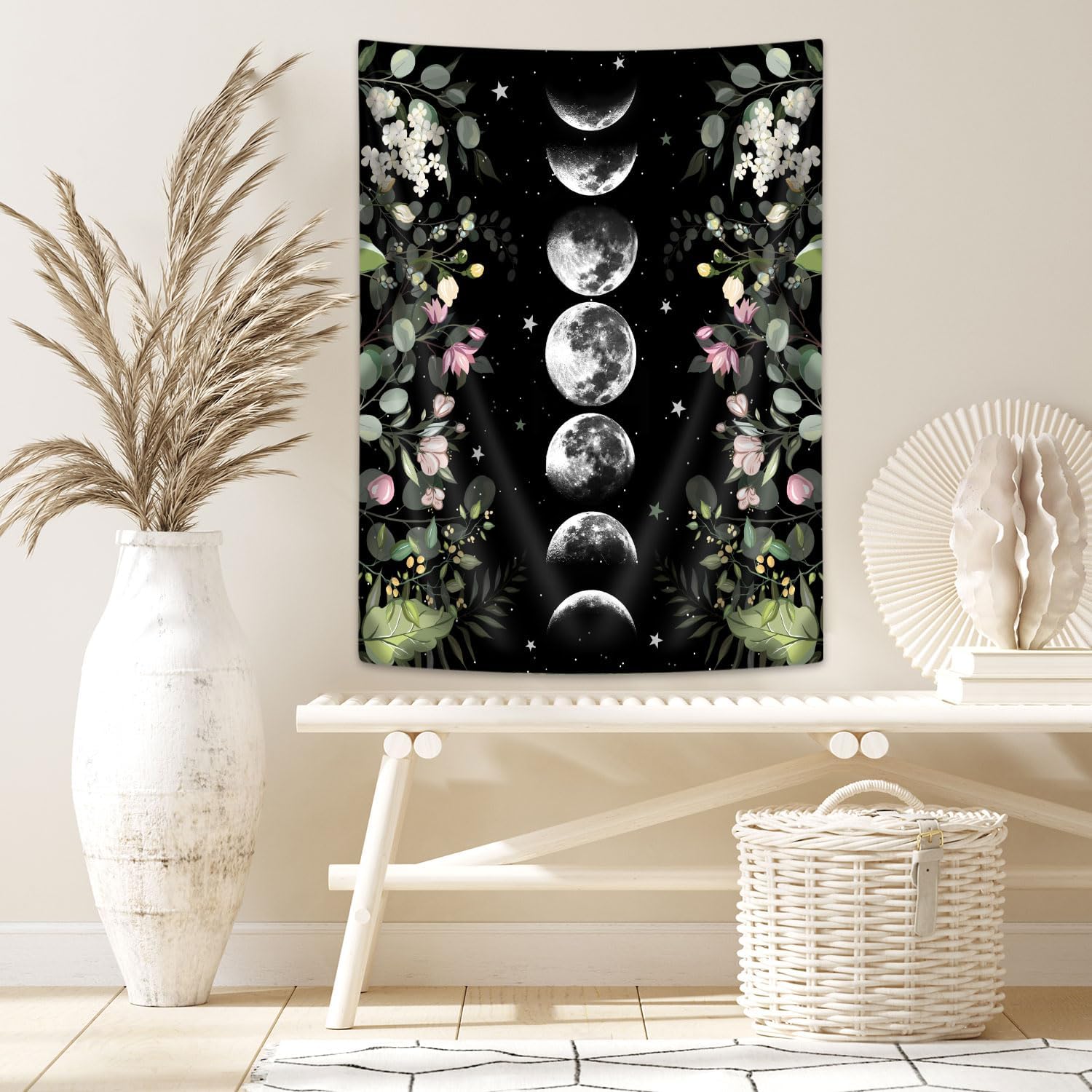 Amazon.com: Moon Phase Tapestry with Green Plants and Aesthetic Flowers ...