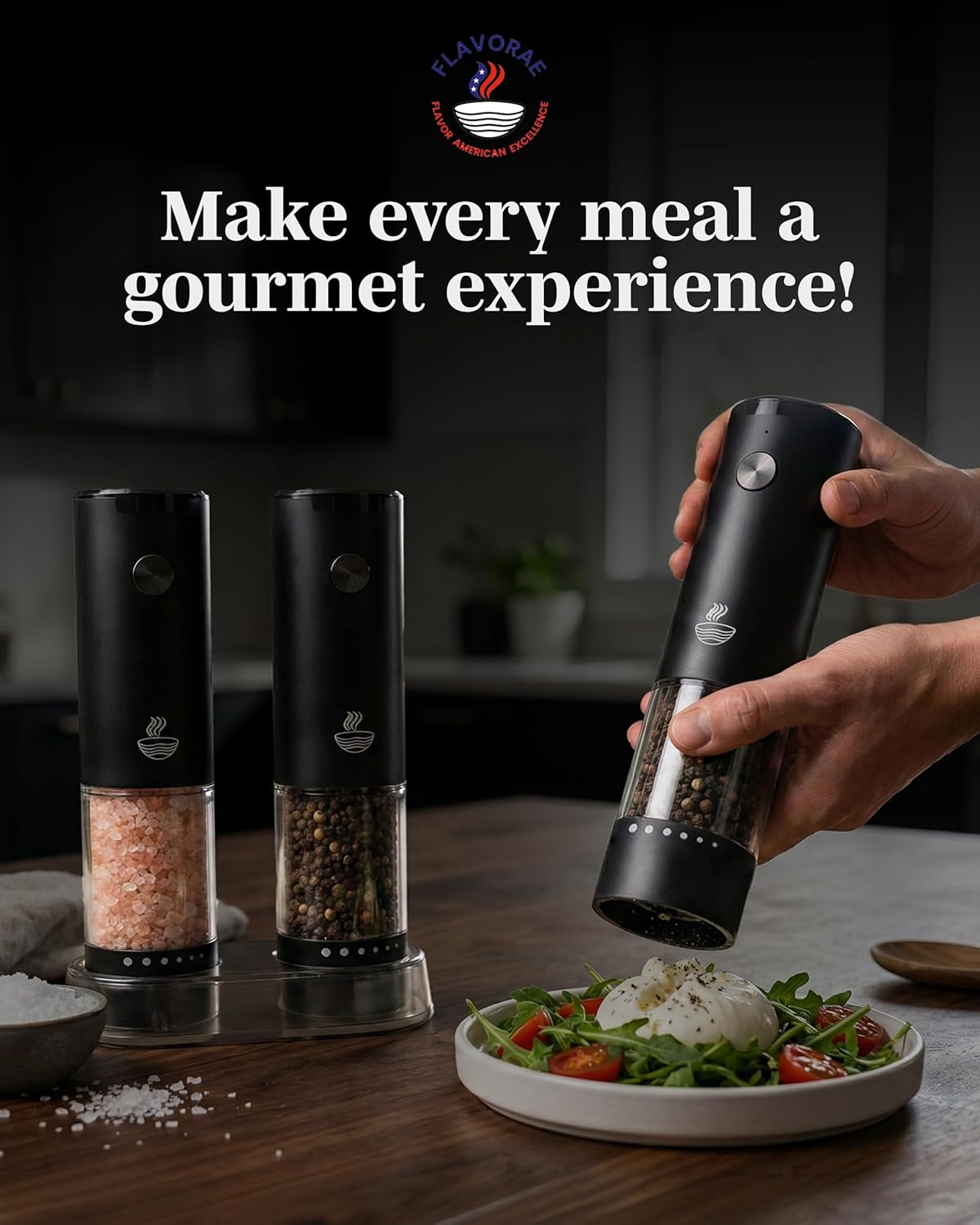 Electric Salt and Pepper Grinder Set - Black 2 Pack Battery Operated Mills with 95ml Large Capacity, Adjustable Coarseness, Built-in LED Light, Automatic Salt & Pepper Shakers for Kitchen