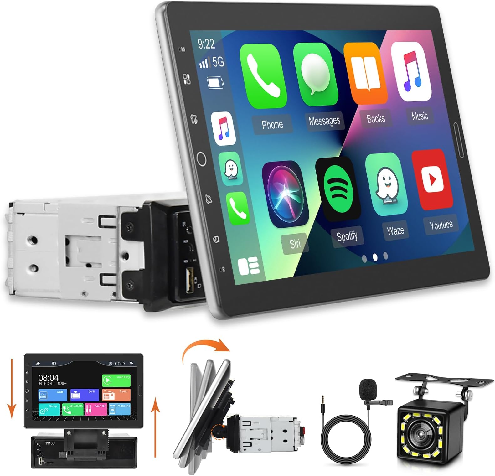 10.1 inch Single Din Car Stereo with CarPlay and Android Auto, 10 inch Touch Screen Radio with Mirror Link/1080P/EQ Audio/SWC/Bluetooth +Backup Camera+MIC