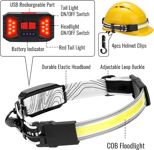 Miniatura 2 de Adelante Linterna frontal LED, 1000 lúmenes, 230 de haz ancho, luz frontal recargable por USB con luz trasera (control individual) y 8 clips, faros