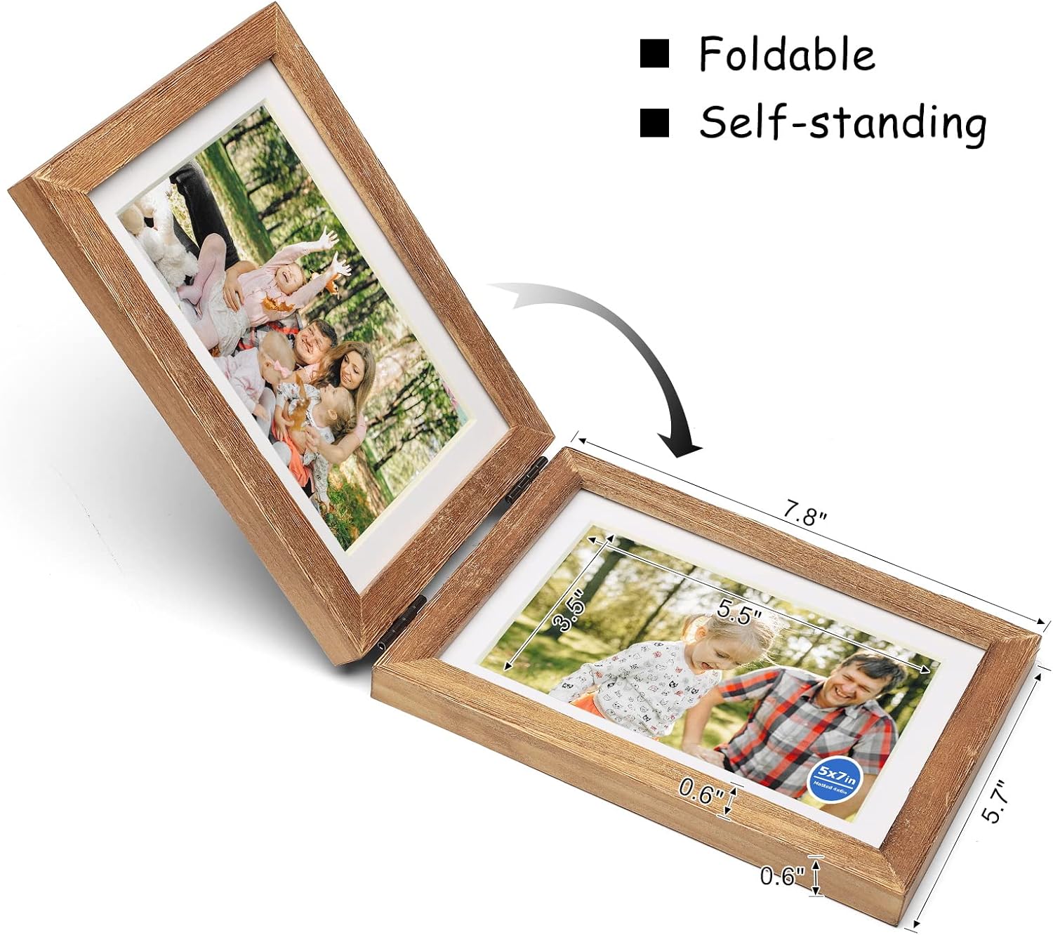 5x7 Double Horizontal Hinged Wood Picture Frame Folding Photo Frame with Real Glass Front in Distressed Farmhouse Wood Grain for Tabletop, Display 4x6 with Mat or 5x7 without Mat P-MU-2H57