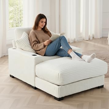 41" Chaise Lounge Indoor Comfy Reading Chair with 2 Pillows,USB Charger Cup Holder Adjustable Backrest Corduroy Sofa Bed Lazy Chair Sleeper Couch Small Couch for Apartment Whtie